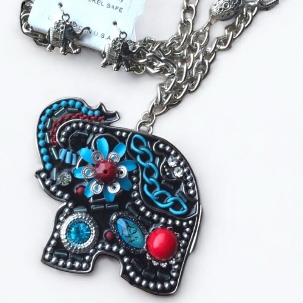 NEW Silver Tone Elephant Long Pendant Necklace and Earrings Set Boho Colorful